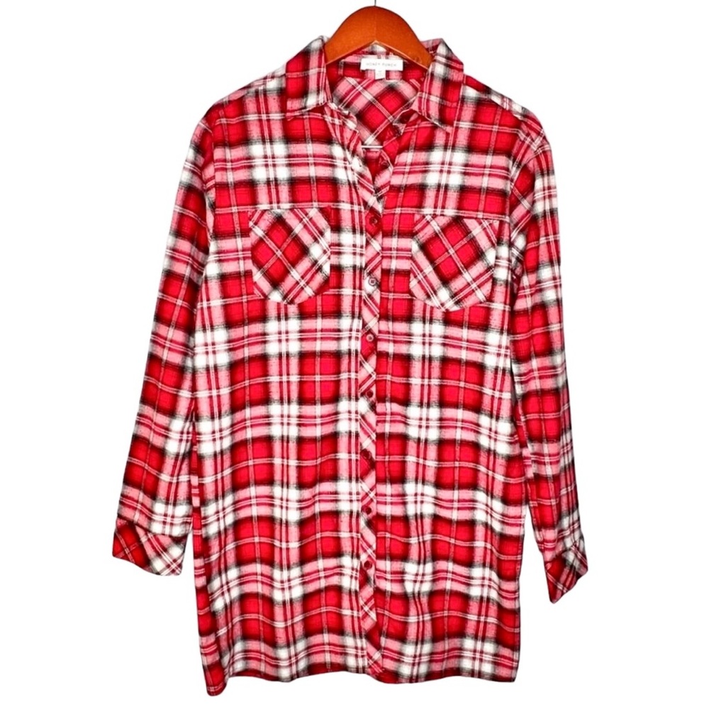 Honey Punch Womens Plaid Flannel Shirt Dress Sz M Red White Western Button Up